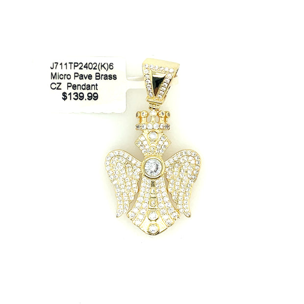 Cross, Wings, & Crown Brass Pendant