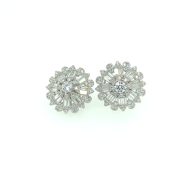 Flower with Baguette Sterling Silver Earring