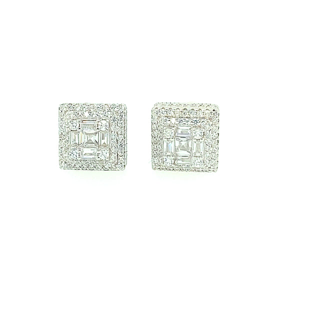 Double Square with Baguette Sterling Silver Earring