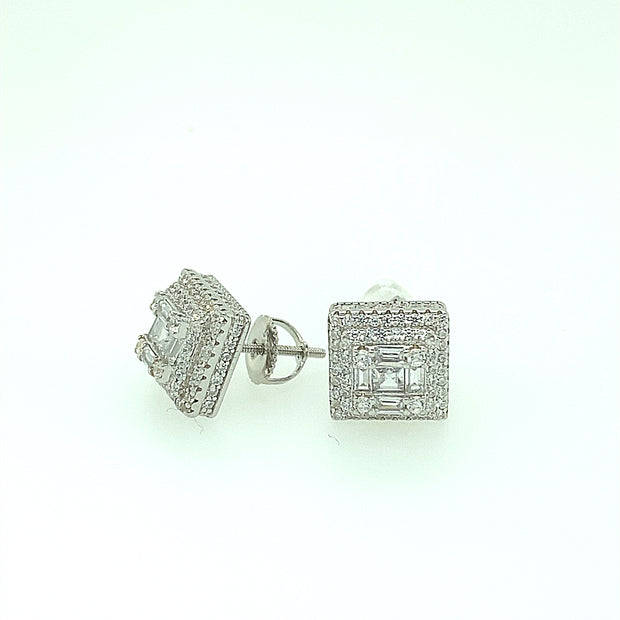 Double Square with Baguette Sterling Silver Earring