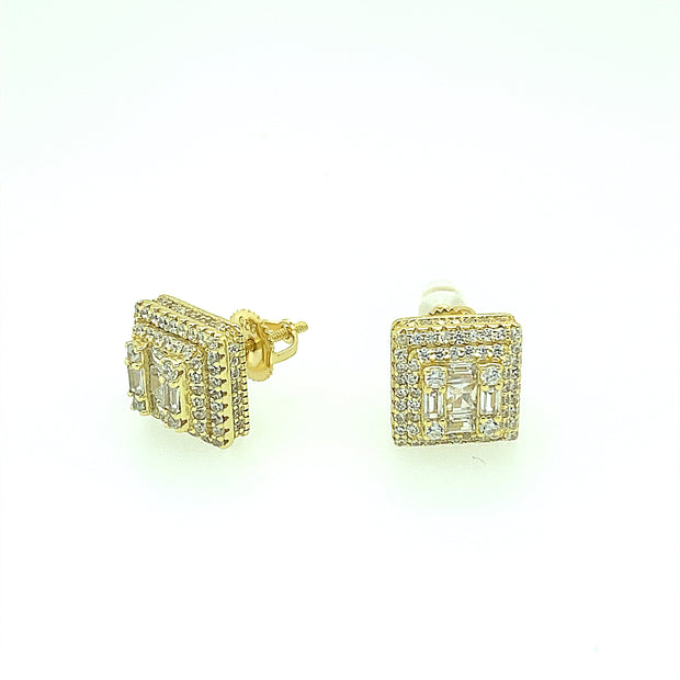 Double Square with Baguette Sterling Silver Earring