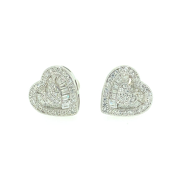 Double Heart with Baguette second Sterling Silver Earring