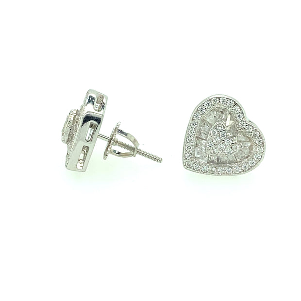 Double Heart with Baguette second Sterling Silver Earring