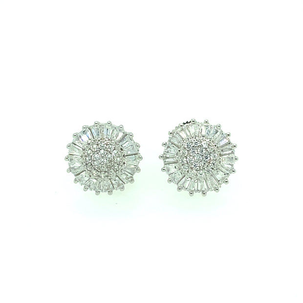 Flower with Baguette and round stone Sterling Silver Earring