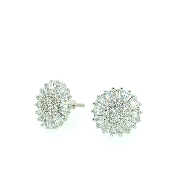 Flower with Baguette and round stone Sterling Silver Earring
