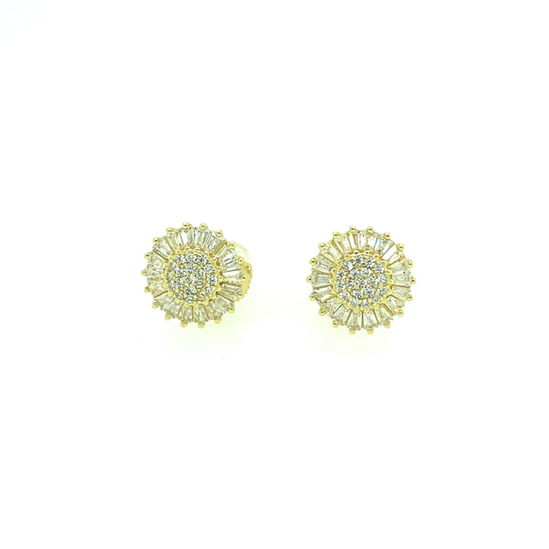 Flower with Baguette and round stone Sterling Silver Earring