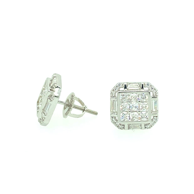 Hexagon with Nine Diamond Sterling Silver Earring