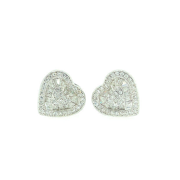 Double Heart with Baguette Sterling Silver Earring