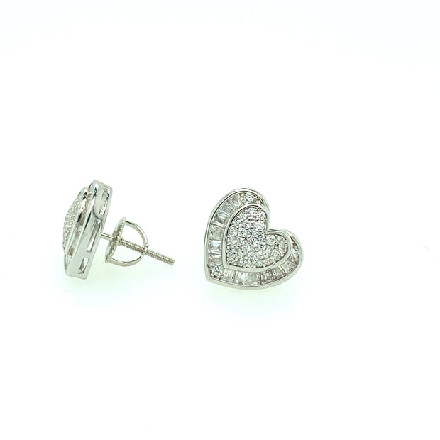 Double Heart with Baguette Sterling Silver Earring