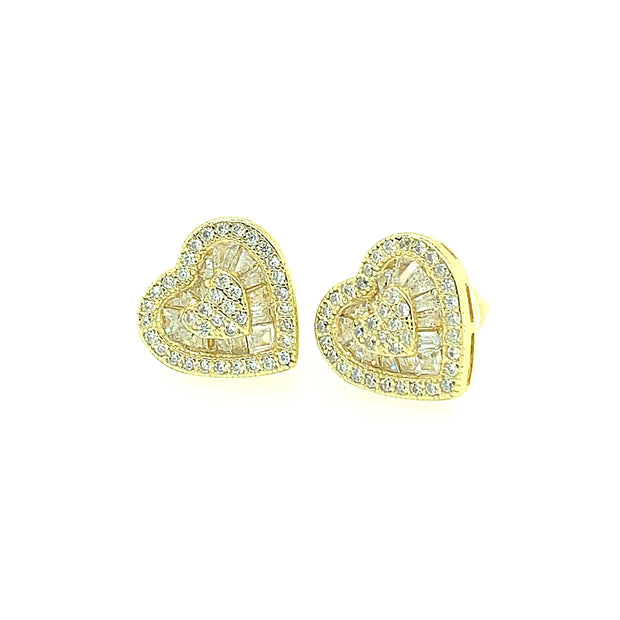 Double Heart with Baguette Sterling Silver Earring