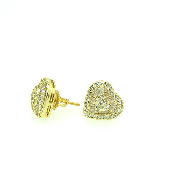 Double Heart with Baguette Sterling Silver Earring