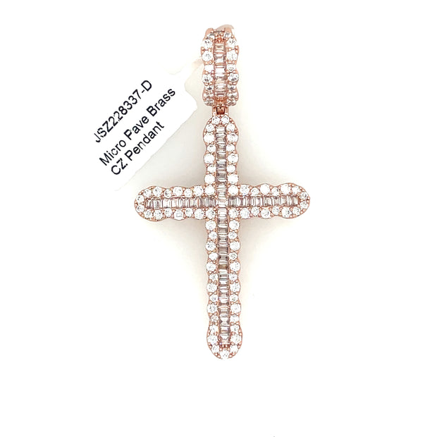 Baguette Cross with Round Stone Border Brass Pendant