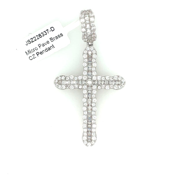 Baguette Cross with Round Stone Border Brass Pendant