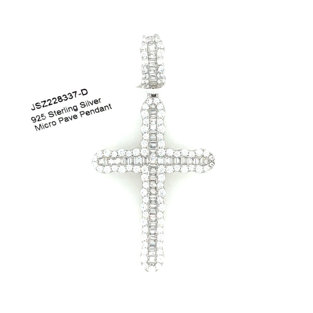 Baguette + Round Diamond Cross Silver Pendant