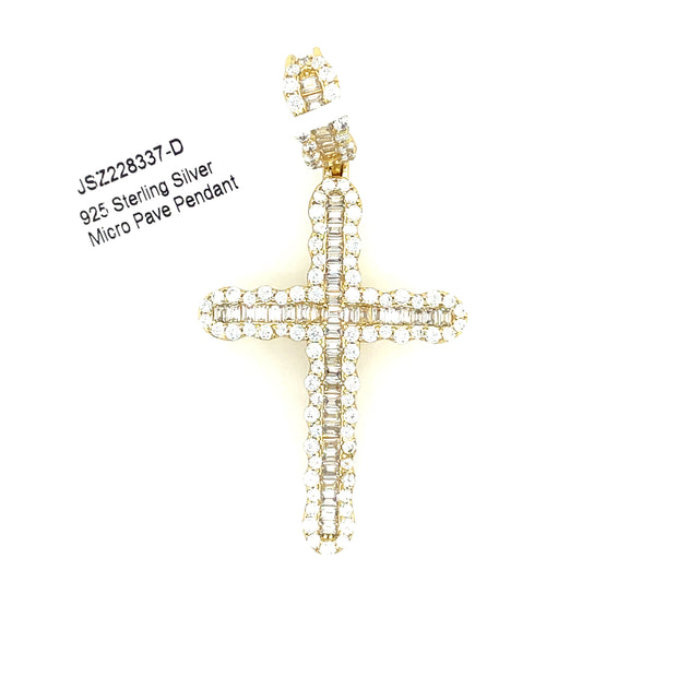 Baguette + Round Diamond Cross Silver Pendant