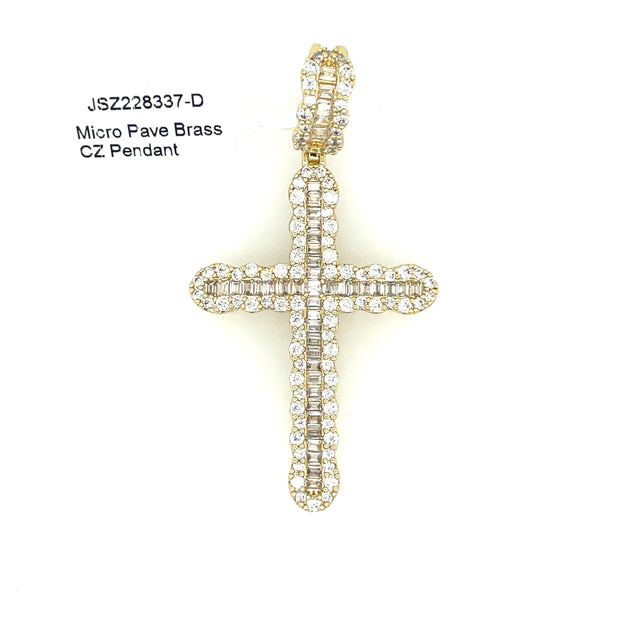 Baguette Cross with Round Stone Border Brass Pendant