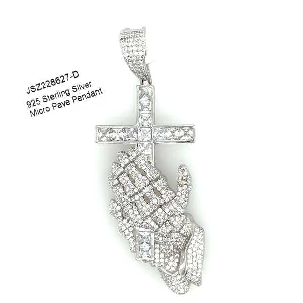 Praying Hand + Cross Silver Pendant
