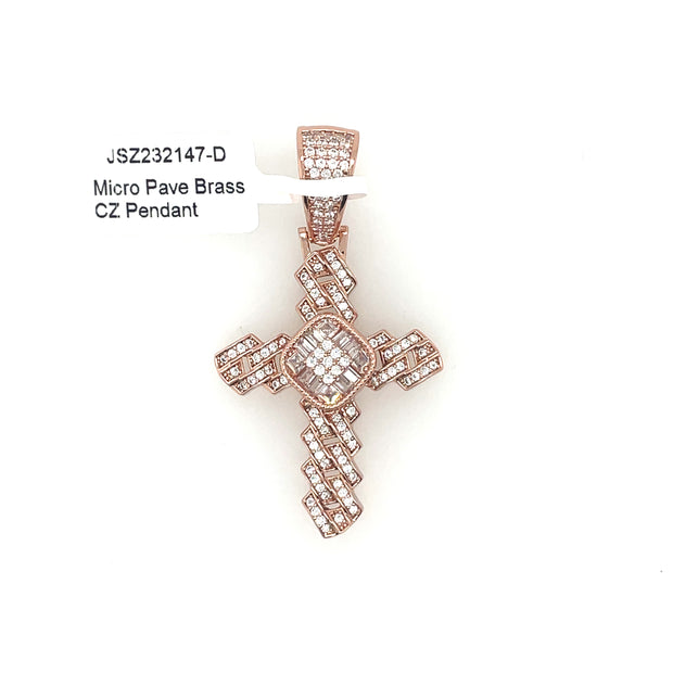 Cross (Round & Baguette Stones) Brass Pendant