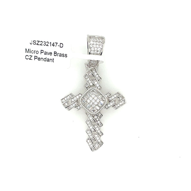Cross (Round & Baguette Stones) Brass Pendant