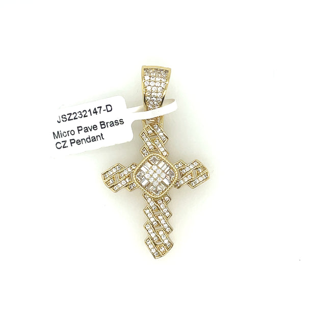 Cross (Round & Baguette Stones) Brass Pendant
