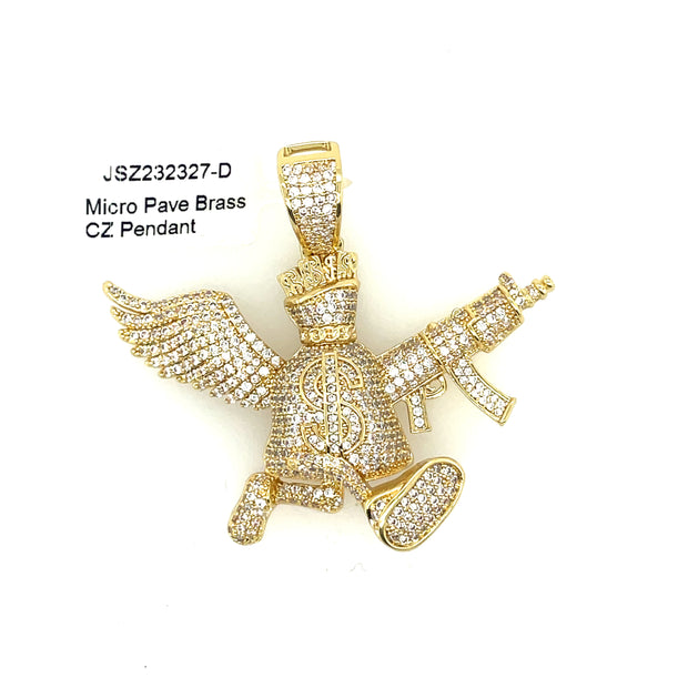 Money Bag + Gun + Wings Brass Pendant