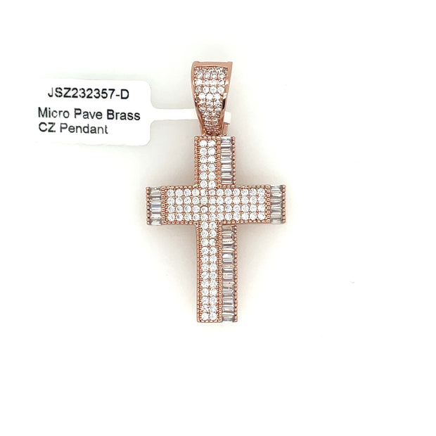 Cross (Round & Baguette Stones) Brass Pendant
