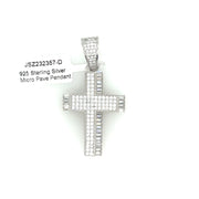 Baguette + Round Diamond Cross Silver Pendant