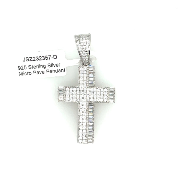 Baguette + Round Diamond Cross Silver Pendant