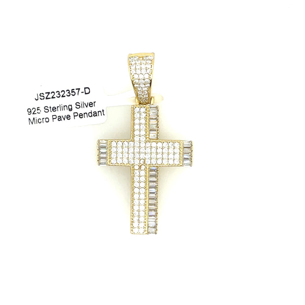 Baguette + Round Diamond Cross Silver Pendant