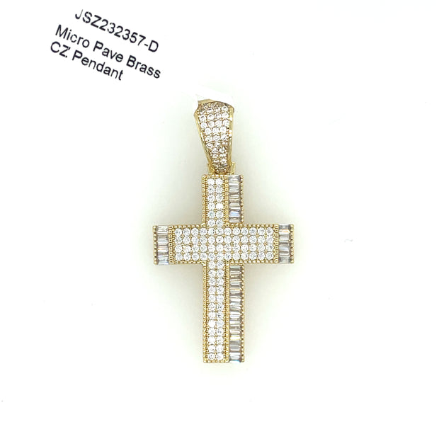 Cross (Round & Baguette Stones) Brass Pendant