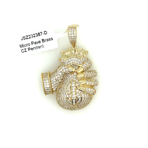 Hand with Money Bag Brass Pendant