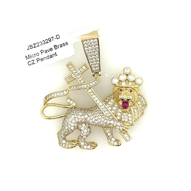 Lion With Cross Brass Pendant