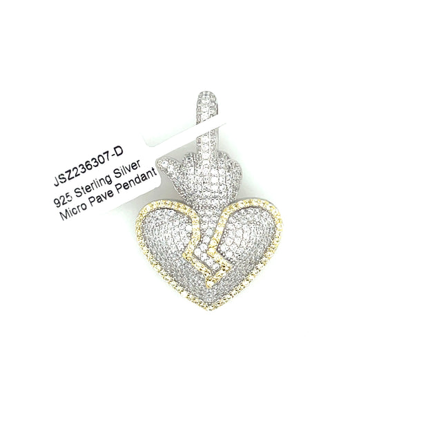 Broken Heart + Middle Finger Silver Pendant